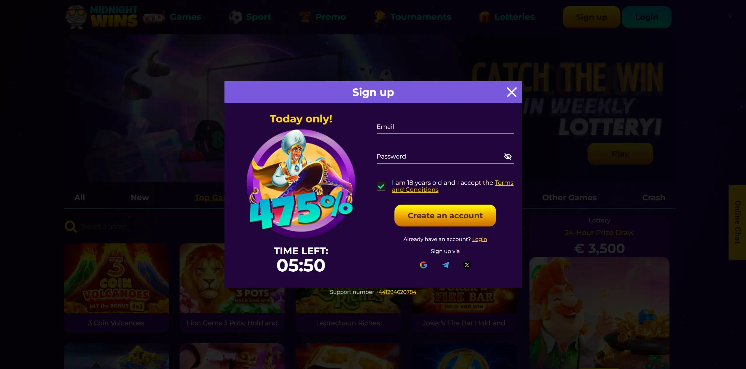 Midnight Wins casino registration.